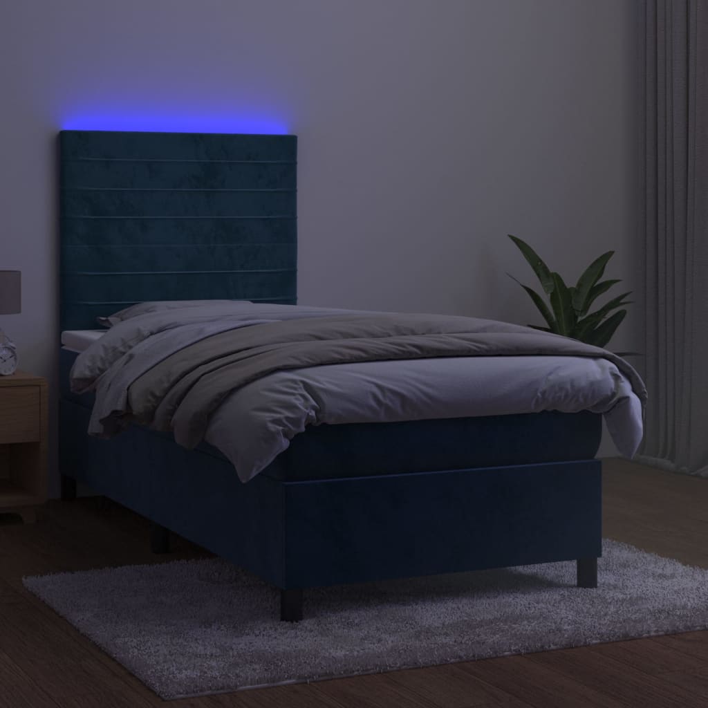 sötétkék bársony rugós és LED-es ágy matraccal 80 x 200 cm