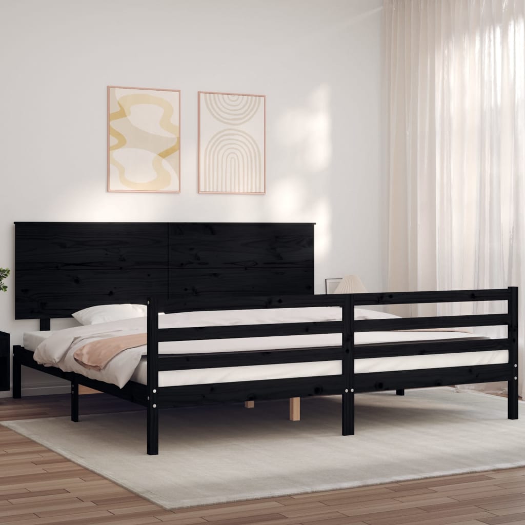 fekete tömör fa ágykeret fejtámlával 200 x 200 cm