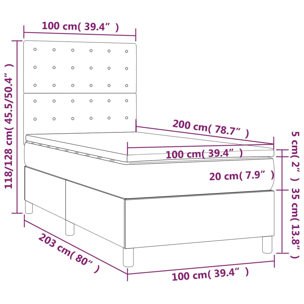 sötétszürke bársony rugós ágy matraccal 100 x 200 cm