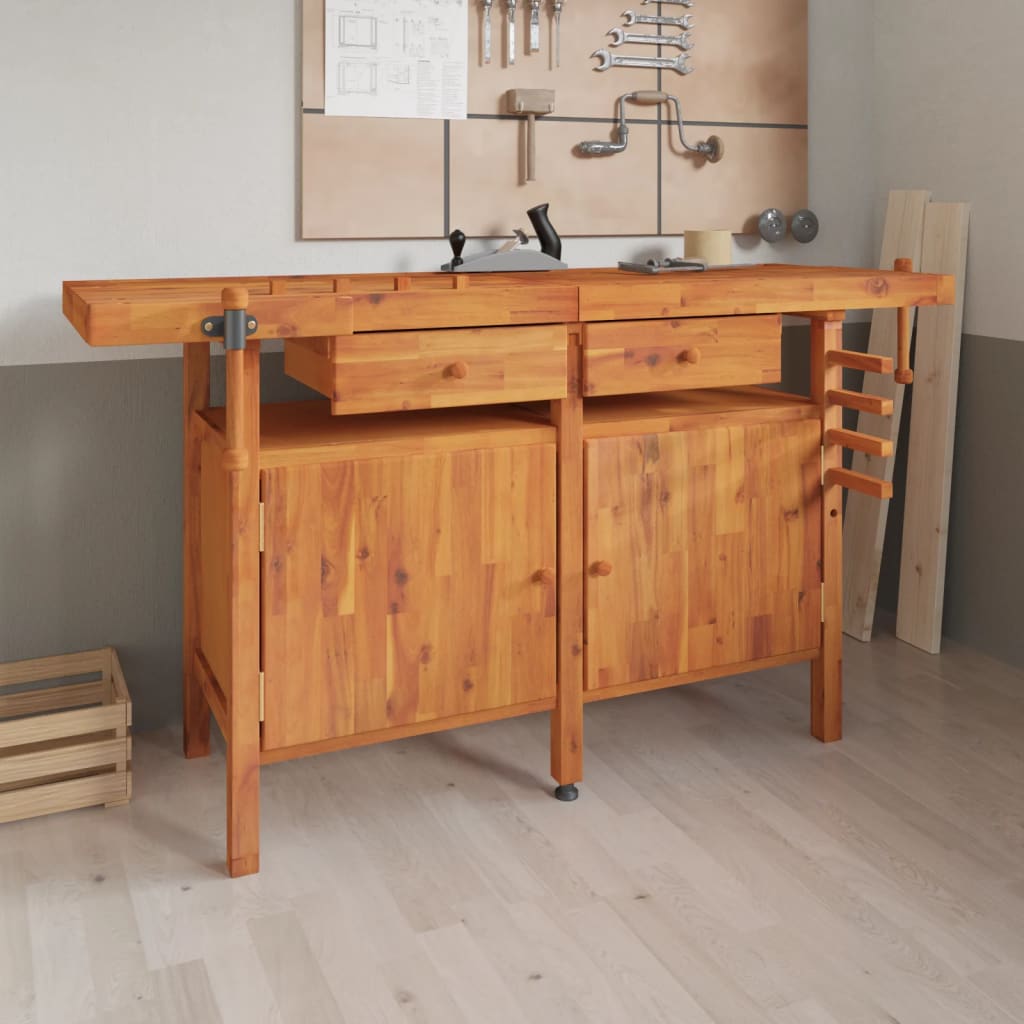 tömör akácfa munkaasztal fiókokkal és satukkal 162 x 62 x 83 cm