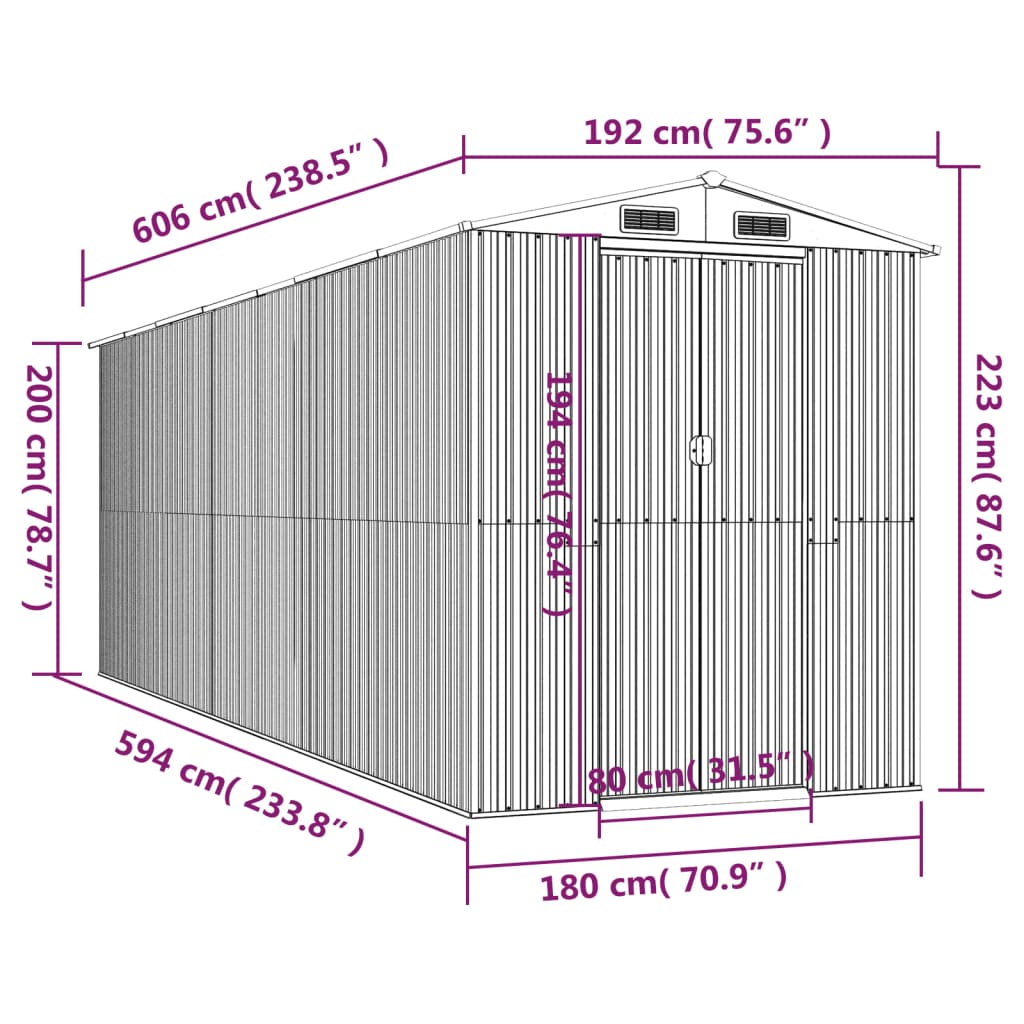 antracitszürke horganyzott acél kerti fészer 192 x 606 x 223 cm