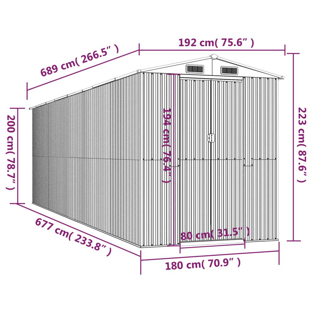 antracitszürke horganyzott acél kerti fészer 192 x 689 x 223 cm