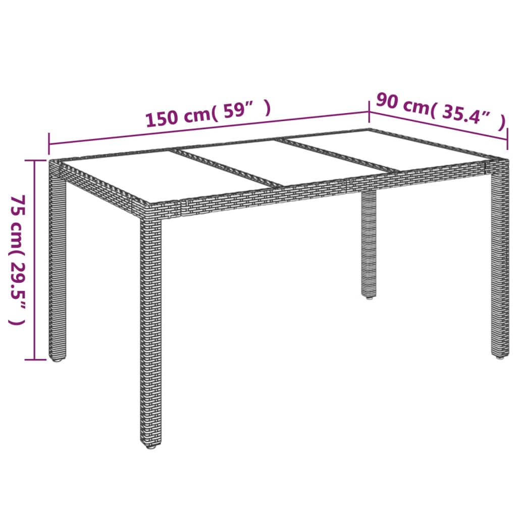 szürke polyrattan üveglapos kerti asztal 150 x 90 x 75 cm