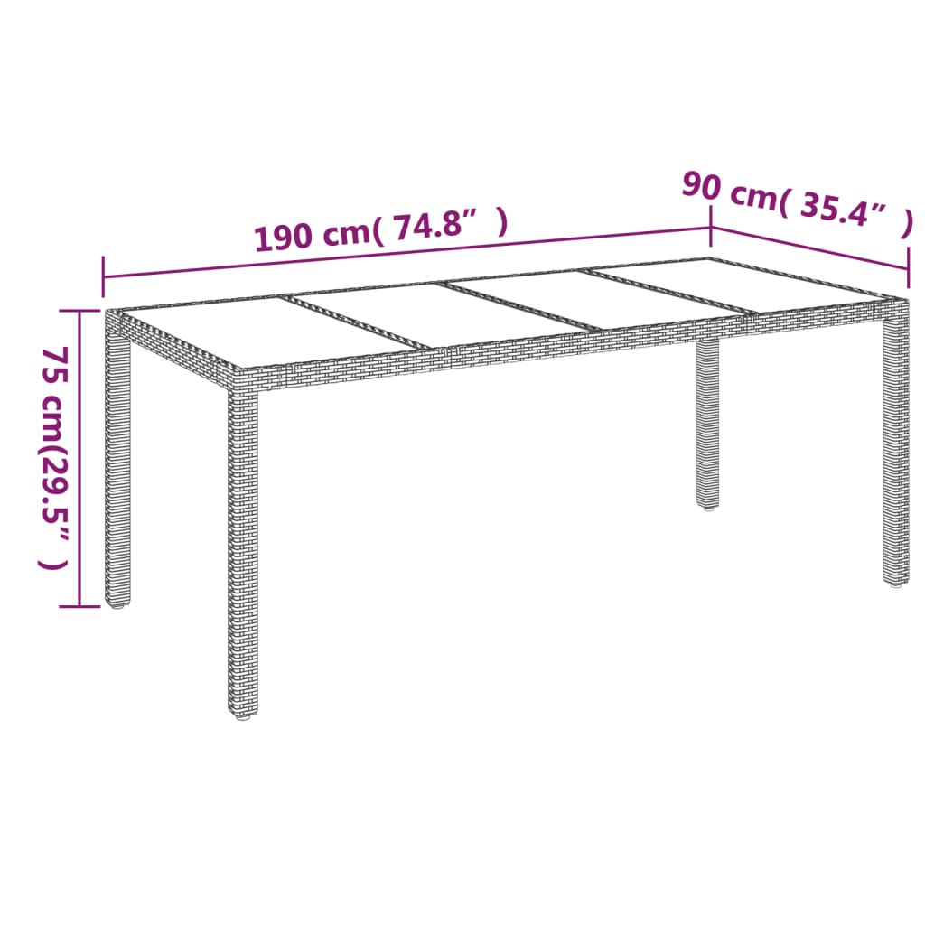 fekete polyrattan üveglapos kerti asztal 190 x 90 x 75 cm
