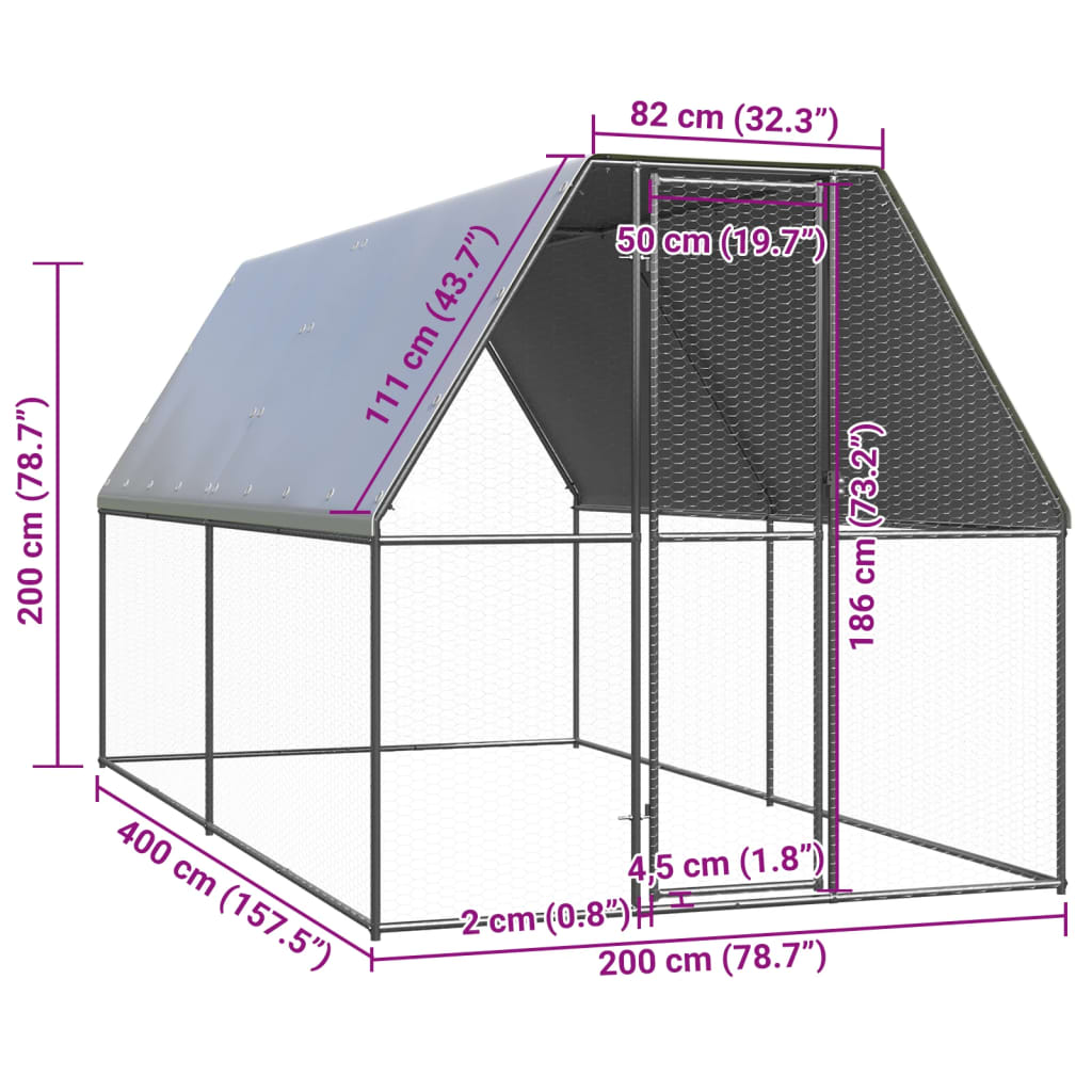 kültéri horganyzott acél tyúkól 2 x 4 x 2 m