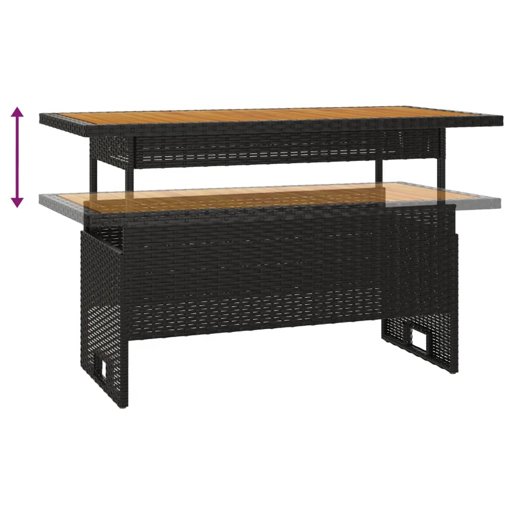 fekete tömör akácfa és polirattan kerti asztal 100x50x43/63 cm