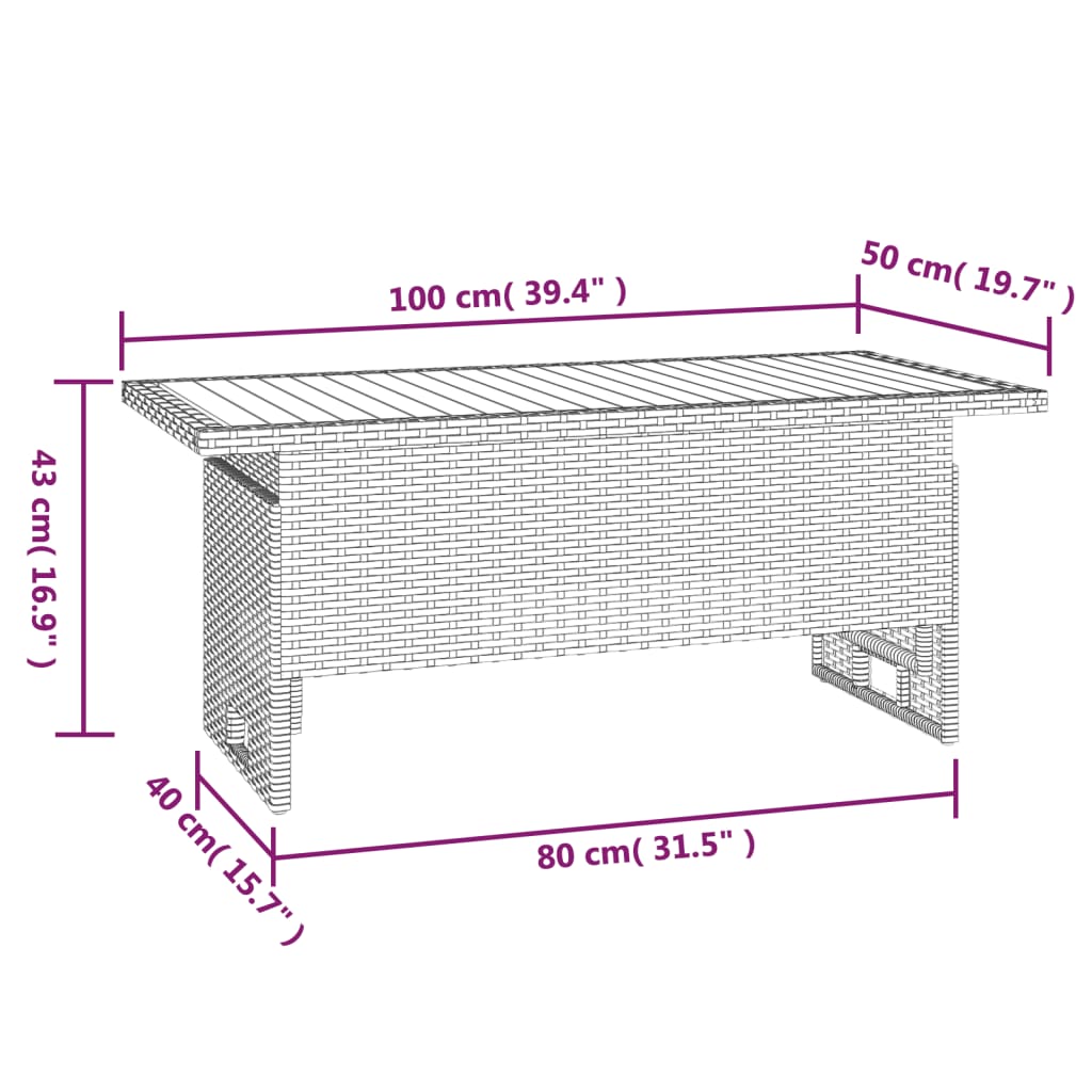 szürke tömör akácfa és polirattan kerti asztal 100x50x43/63 cm