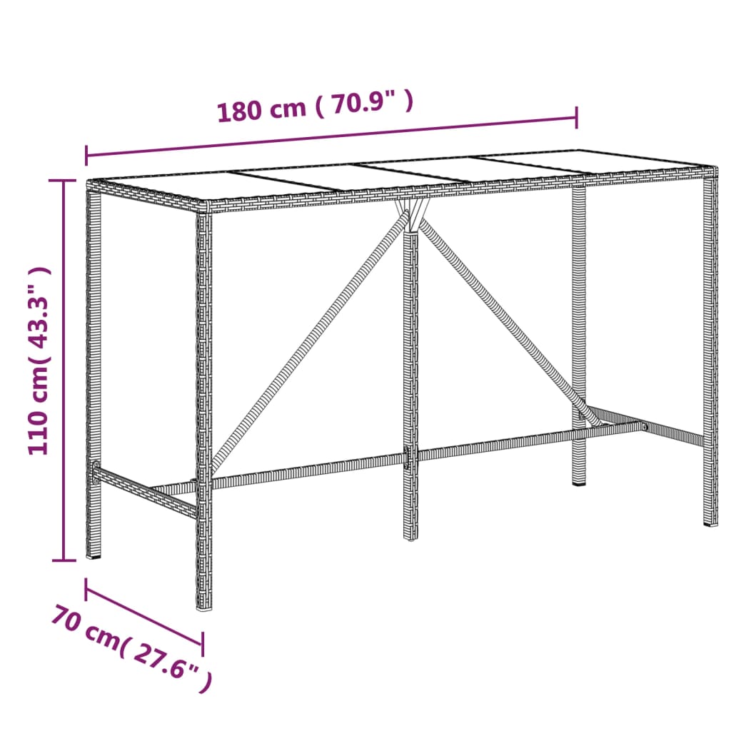 szürke polyrattan üveglapos bárasztal 180 x 70 x 110 cm