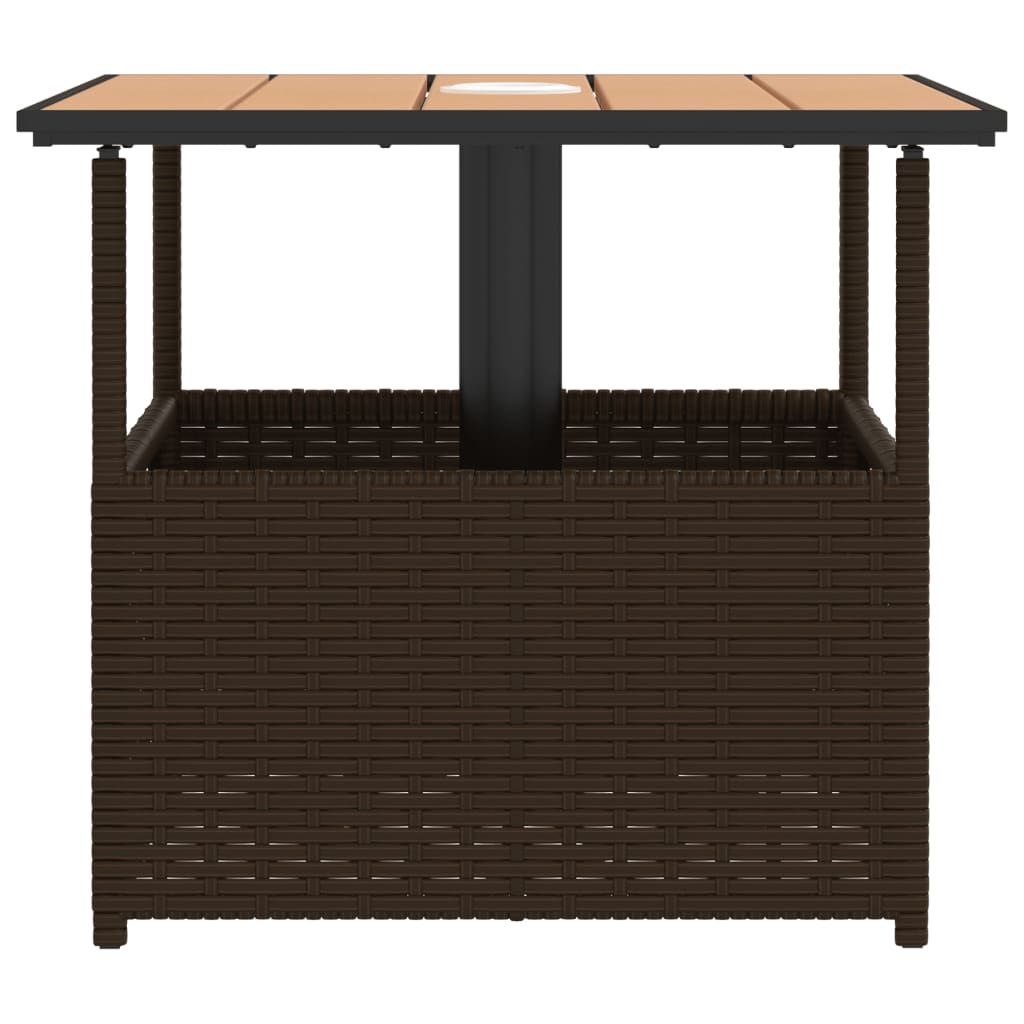 barna polyrattan kerti asztal napernyőlyukkal 55x55x46,5 cm