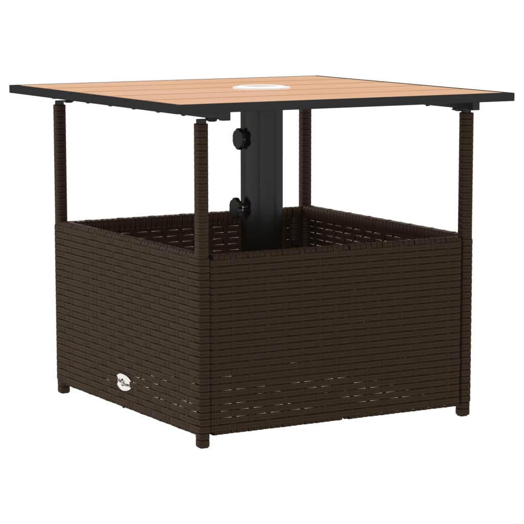 barna polyrattan kerti asztal napernyőlyukkal 55x55x46,5 cm
