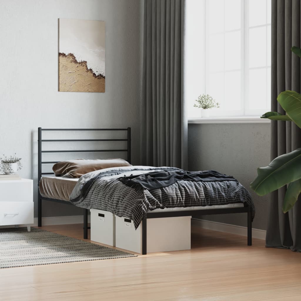 fekete fém ágykeret fejtámlával 80 x 200 cm