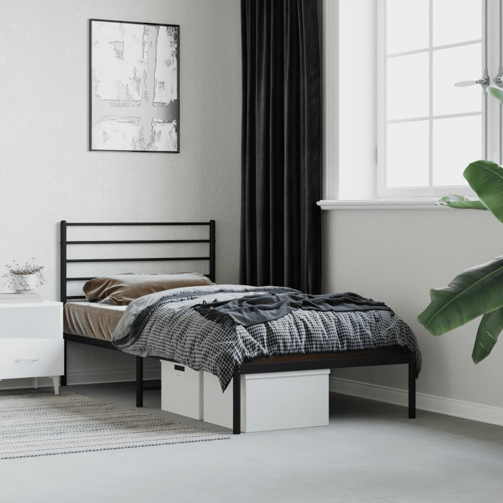 fekete fém ágykeret fejtámlával 90 x 200 cm