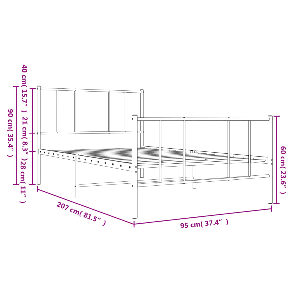 fehér fém ágykeret fej- és lábtámlával 90x200 cm