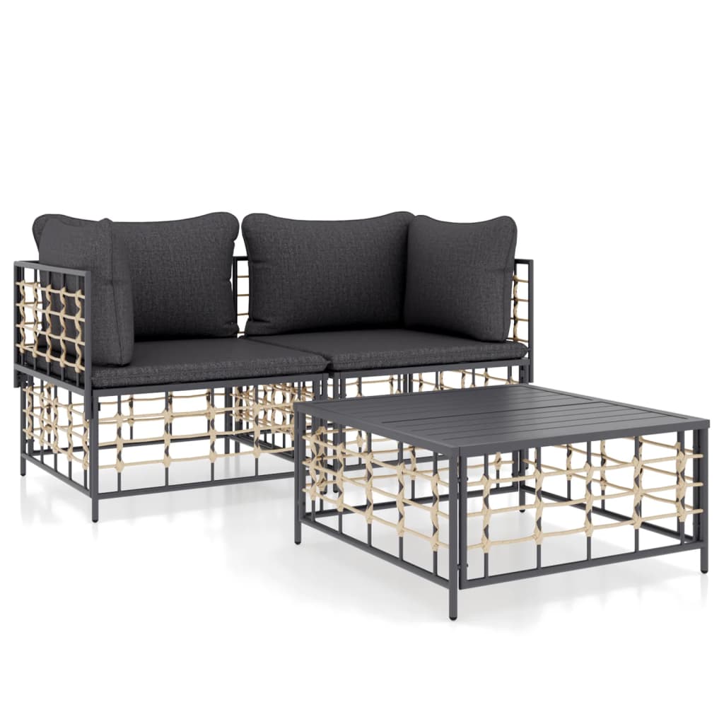 3 részes antracitszürke polyrattan kerti ülőgarnitúra párnákkal