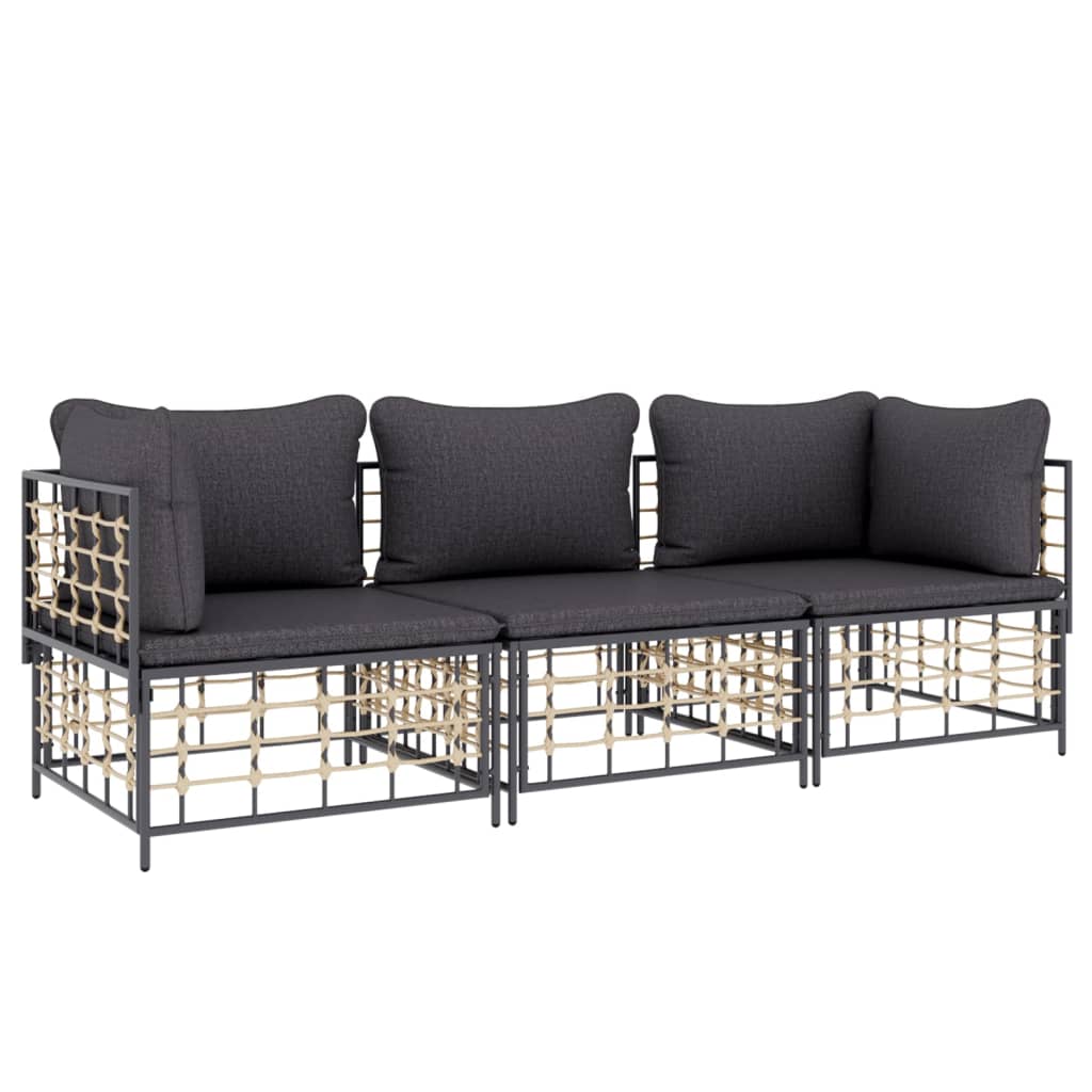 3 részes antracitszürke polyrattan kerti ülőgarnitúra párnákkal