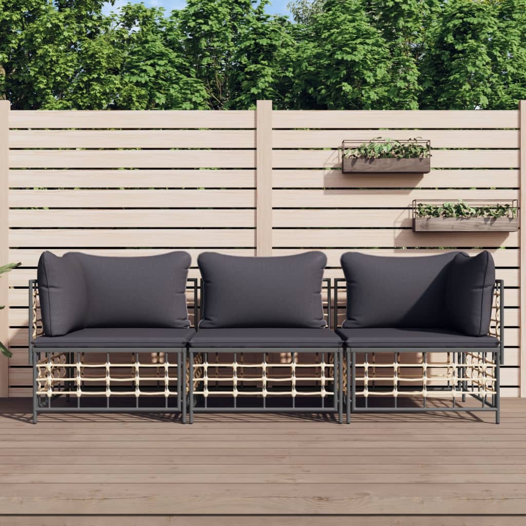 3 részes antracitszürke polyrattan kerti ülőgarnitúra párnákkal