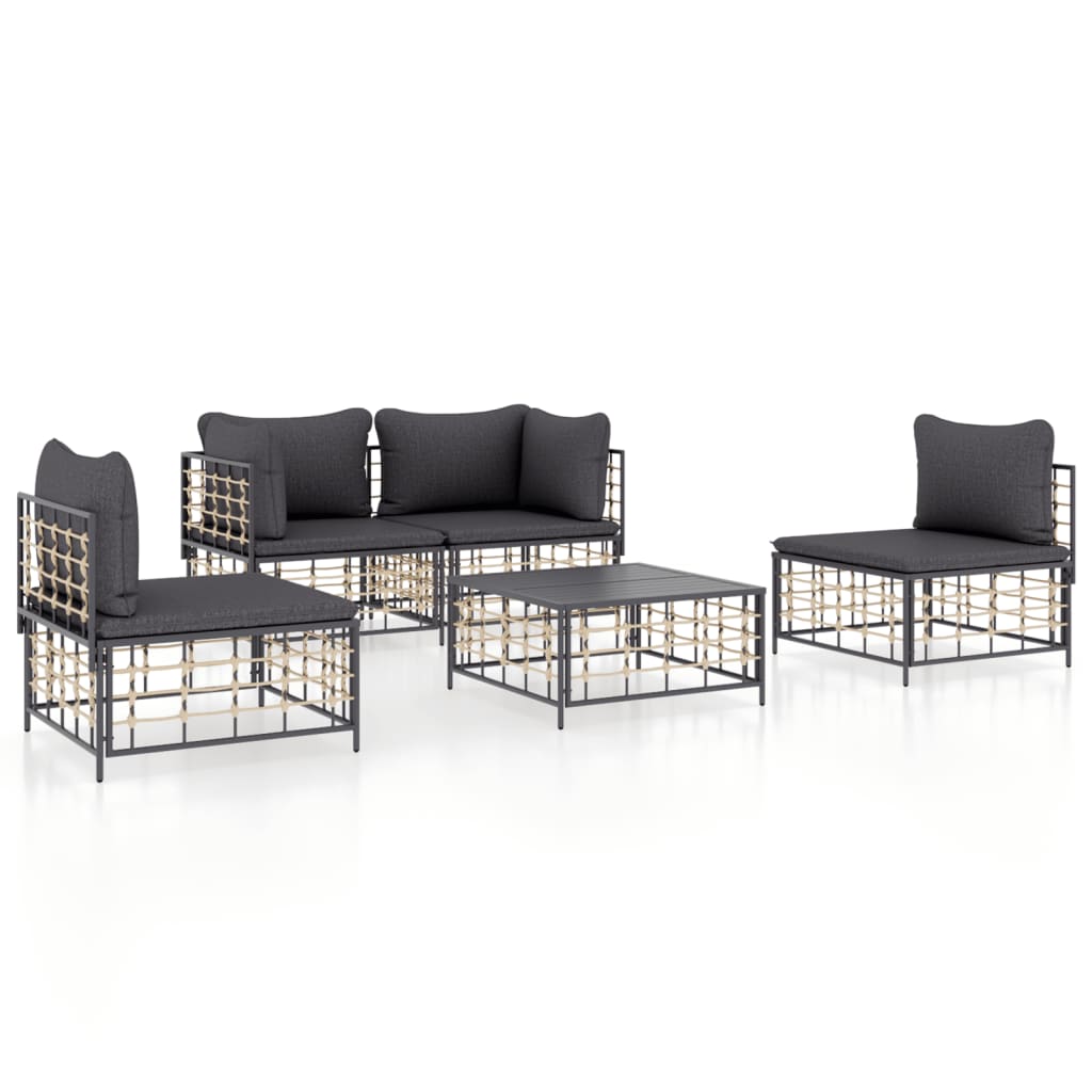 5 részes antracitszürke polyrattan kerti ülőgarnitúra párnákkal