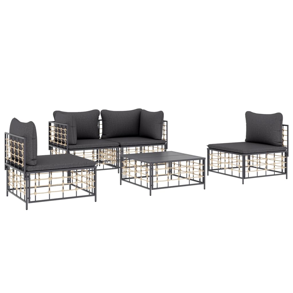 5 részes antracitszürke polyrattan kerti ülőgarnitúra párnákkal