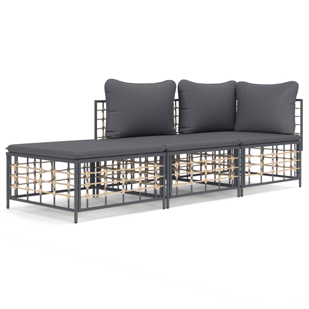 3 részes antracitszürke polyrattan kerti ülőgarnitúra párnákkal