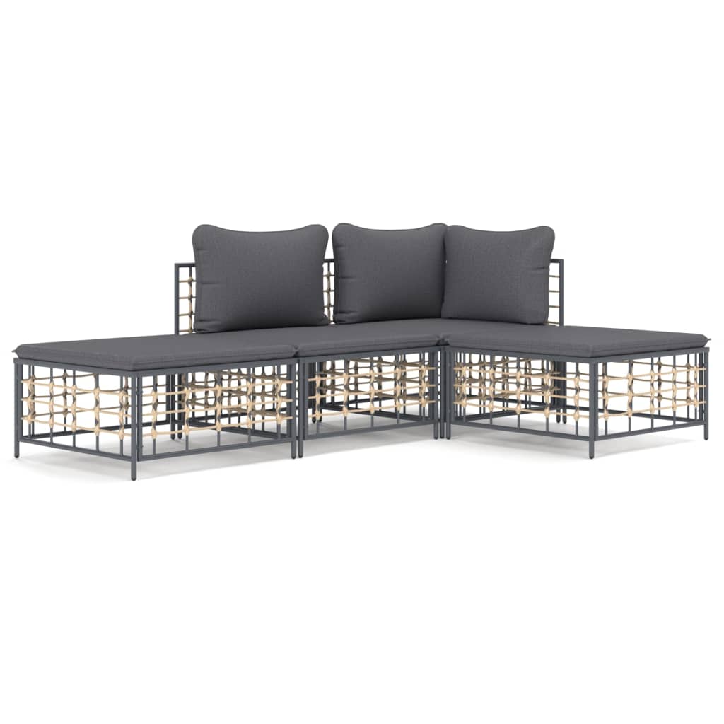 4 részes antracitszürke polyrattan kerti ülőgarnitúra párnákkal