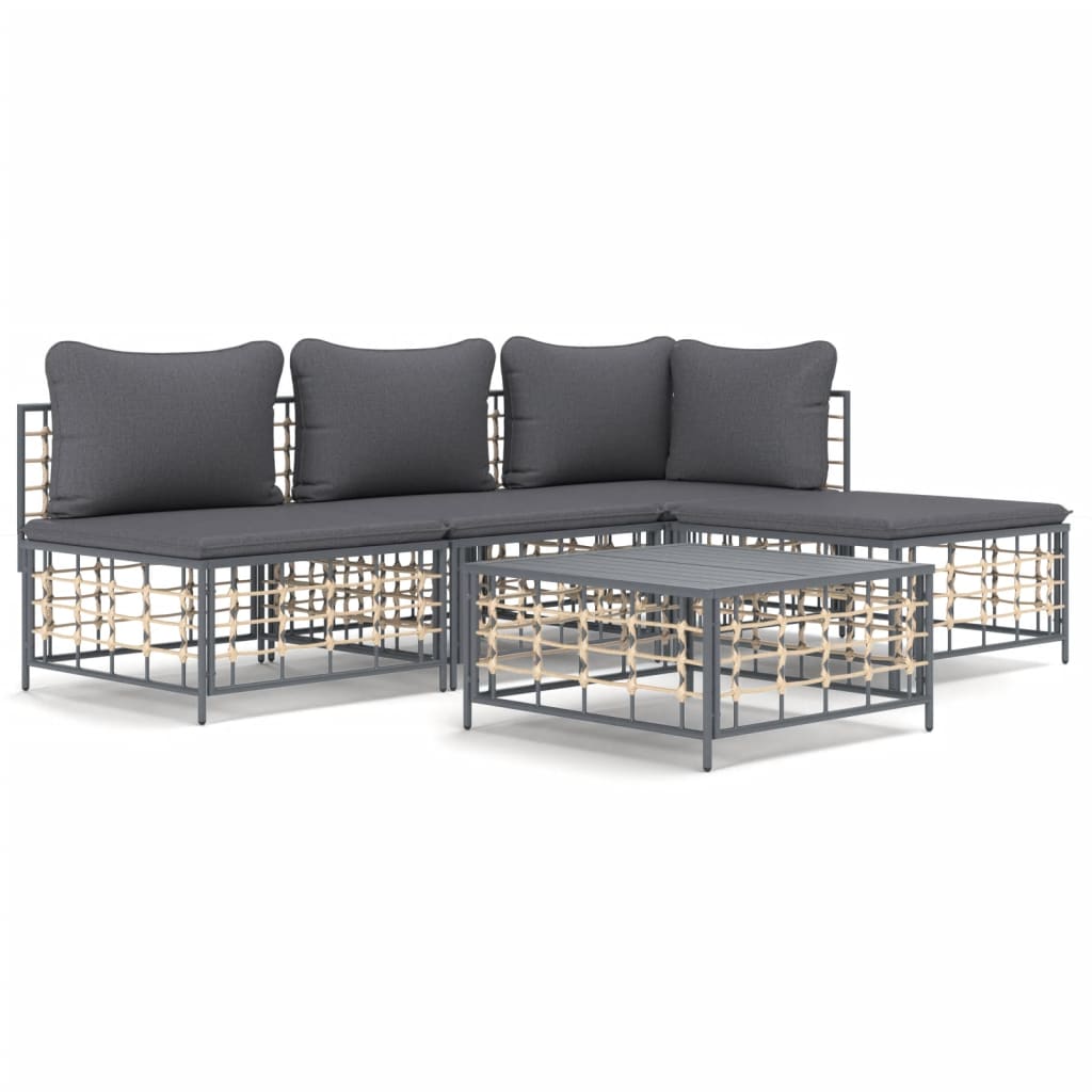 5 részes antracitszürke polyrattan kerti ülőgarnitúra párnákkal