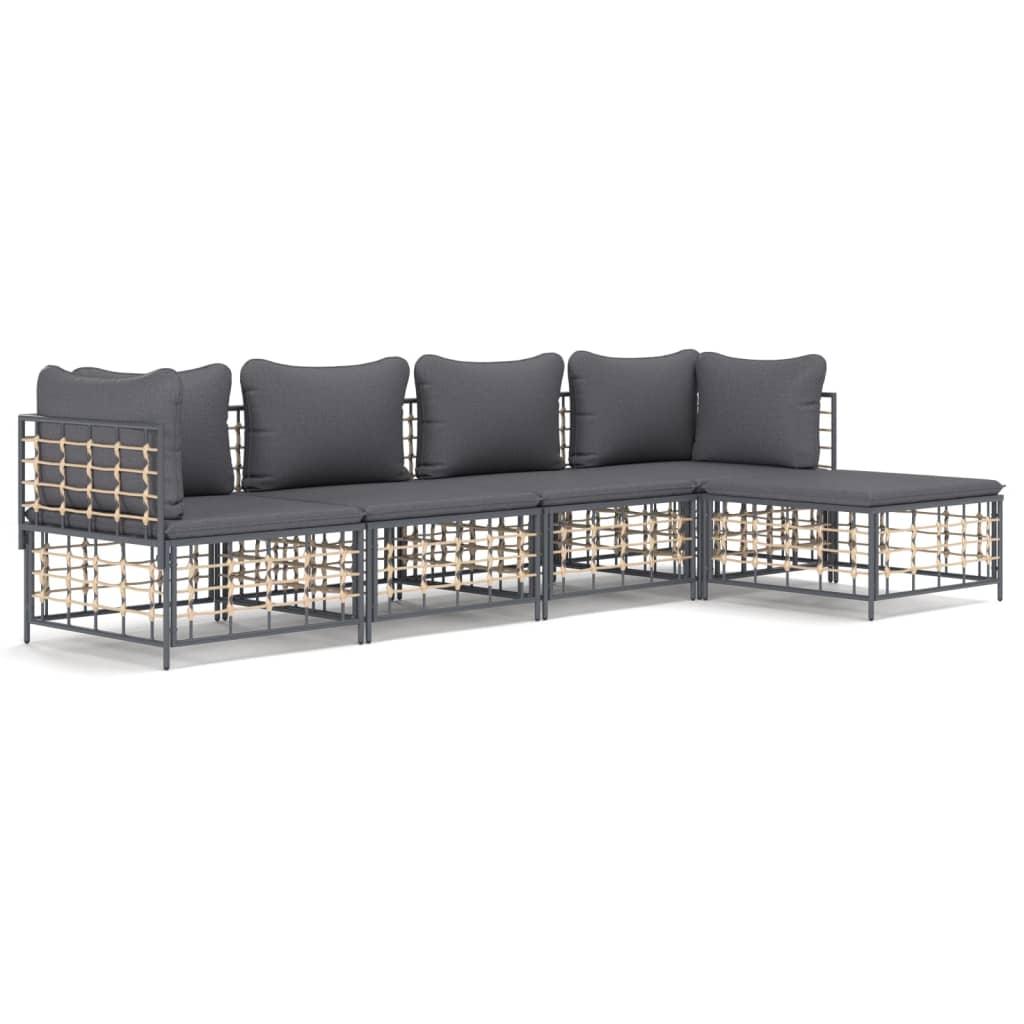 5 részes antracitszürke polyrattan kerti ülőgarnitúra párnákkal