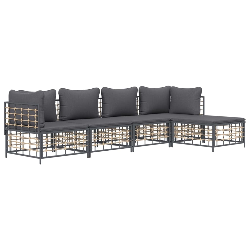 5 részes antracitszürke polyrattan kerti ülőgarnitúra párnákkal
