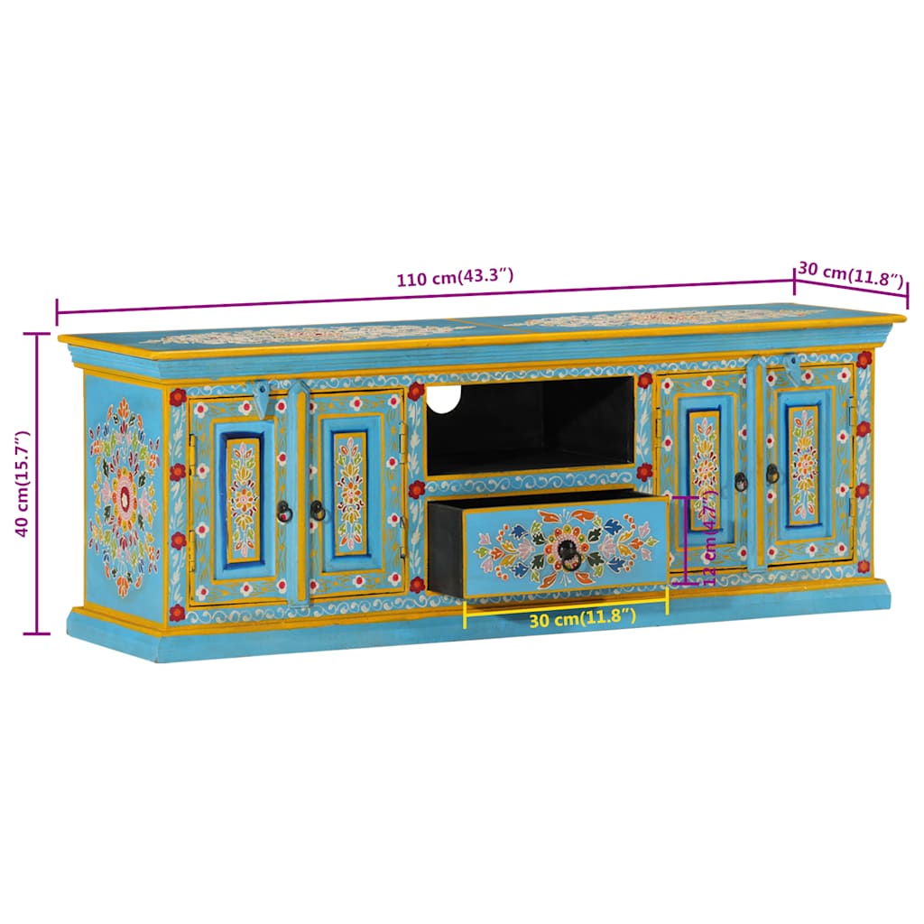 kék tömör mangófa TV-szekrény 110 x 30 x 40 cm