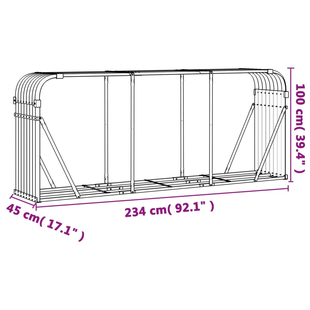 antracit színű horganyzott acél fatörzstartó 234 x 45 x 100 cm