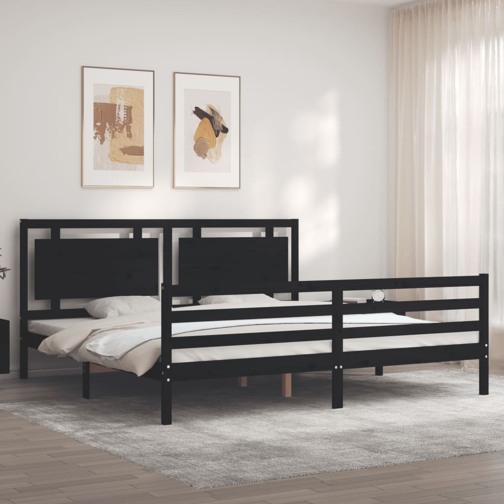fekete tömör fa ágykeret fejtámlával 200 x 200 cm