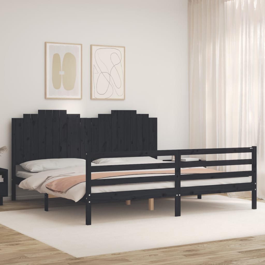 fekete tömör fa ágykeret fejtámlával 200 x 200 cm