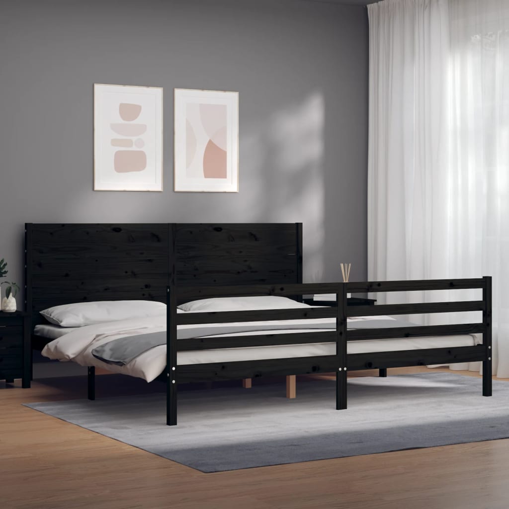 fekete tömör fa ágykeret fejtámlával 200 x 200 cm