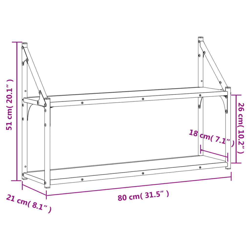 2 szintes fekete szerelt fa fali polc 80x21x51 cm