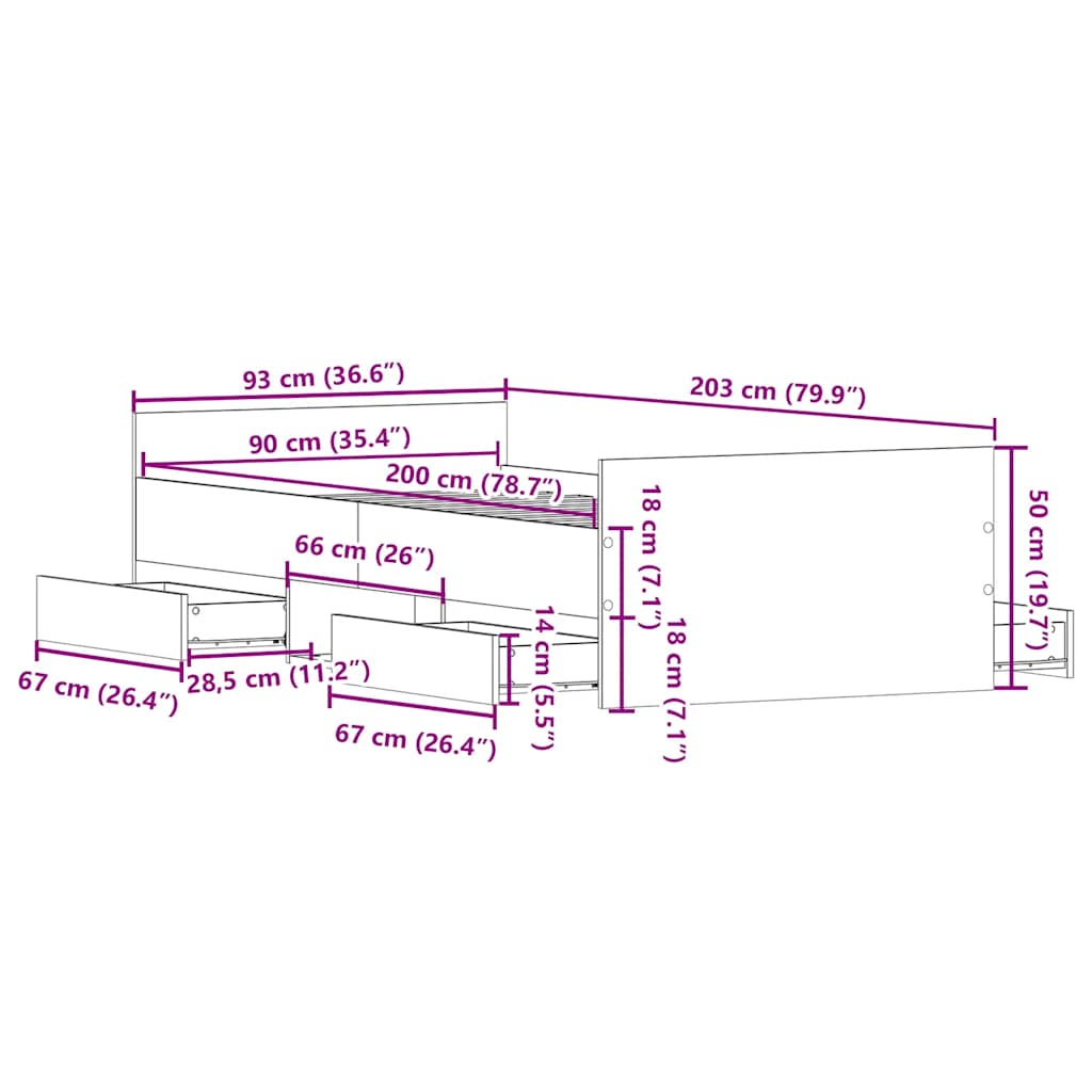 sonoma tölgy színű ágykeret fej- és lábtámlával 90 x 200 cm