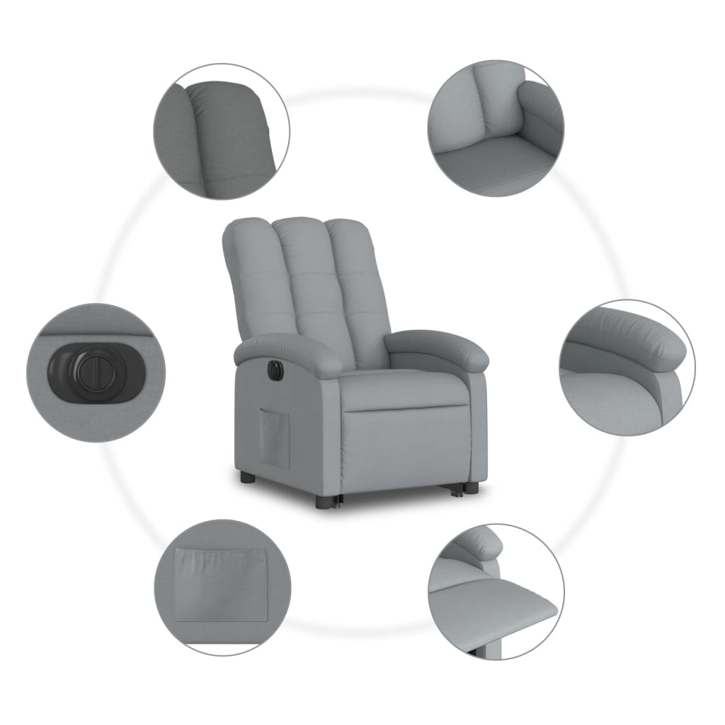 elektromos felállást segítő világosszürke szövet dönthető fotel