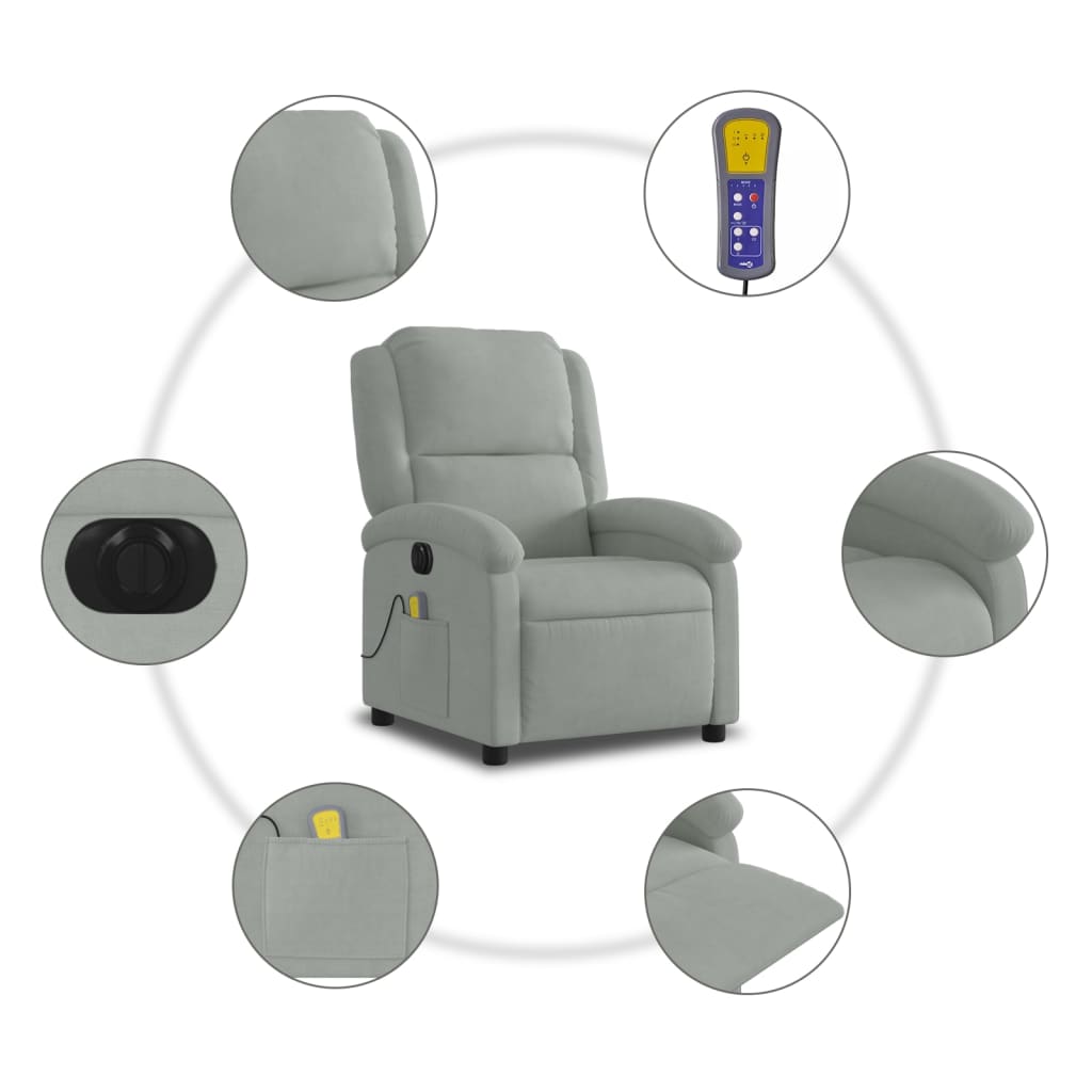 világosszürke bársony elektromos dönthető masszázsfotel