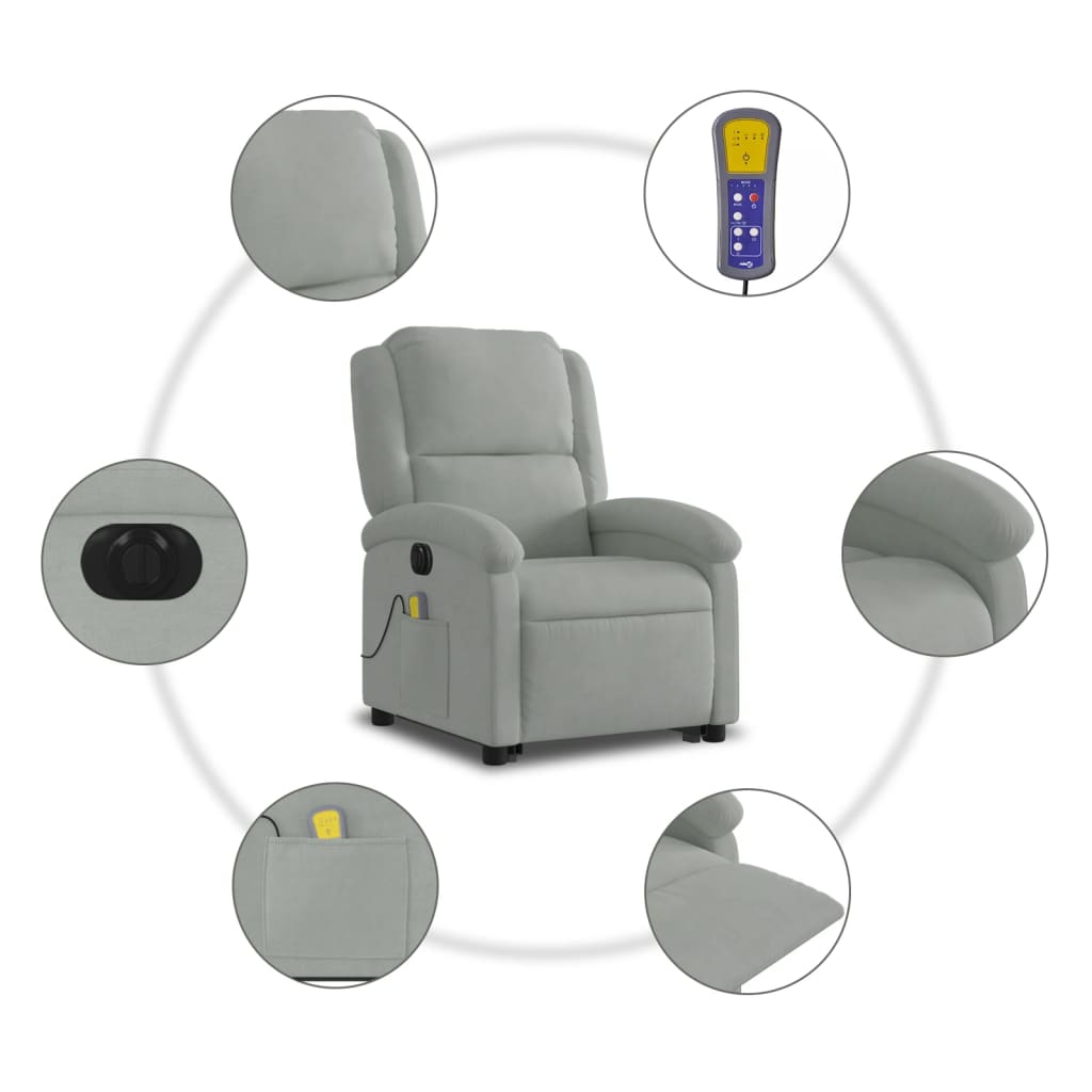 elektromos felállást segítő világosszürke bársony masszázsfotel