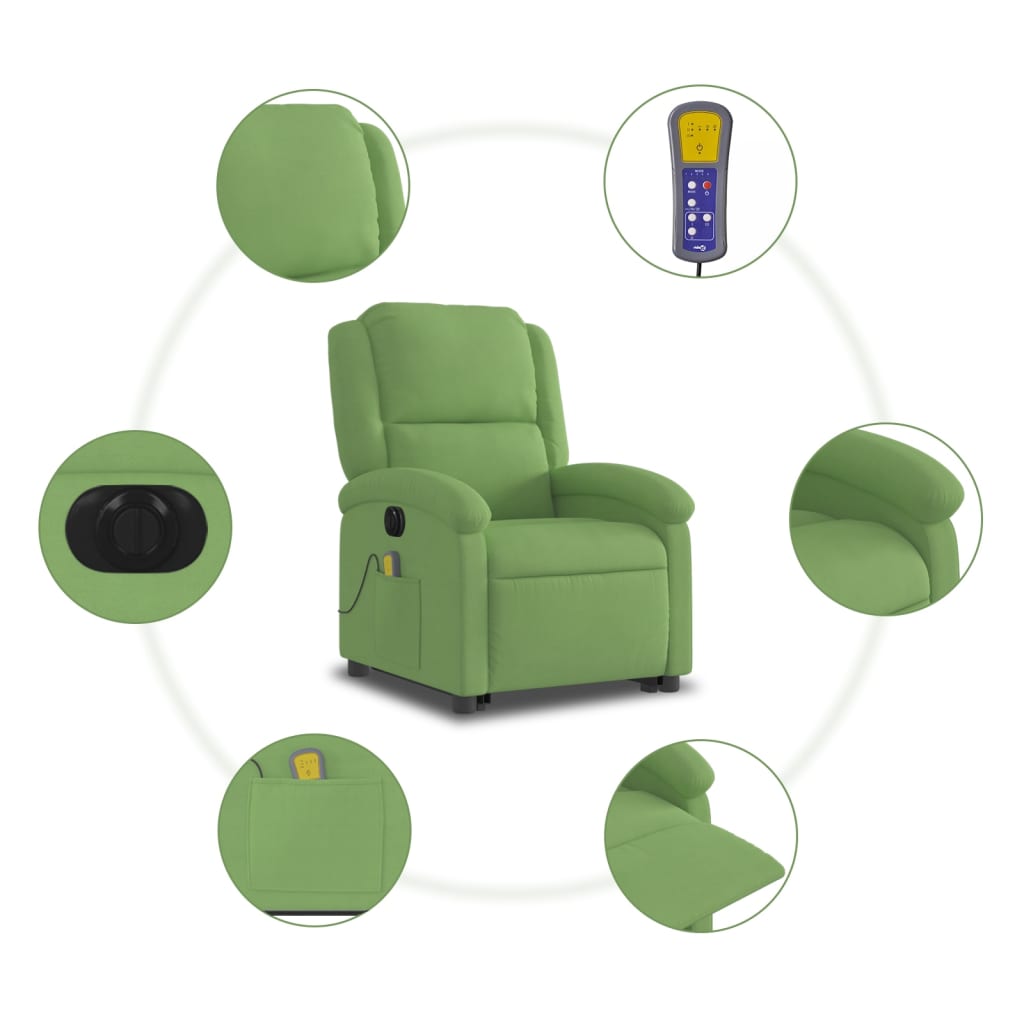 elektromos felállást segítő világoszöld bársony masszázsfotel