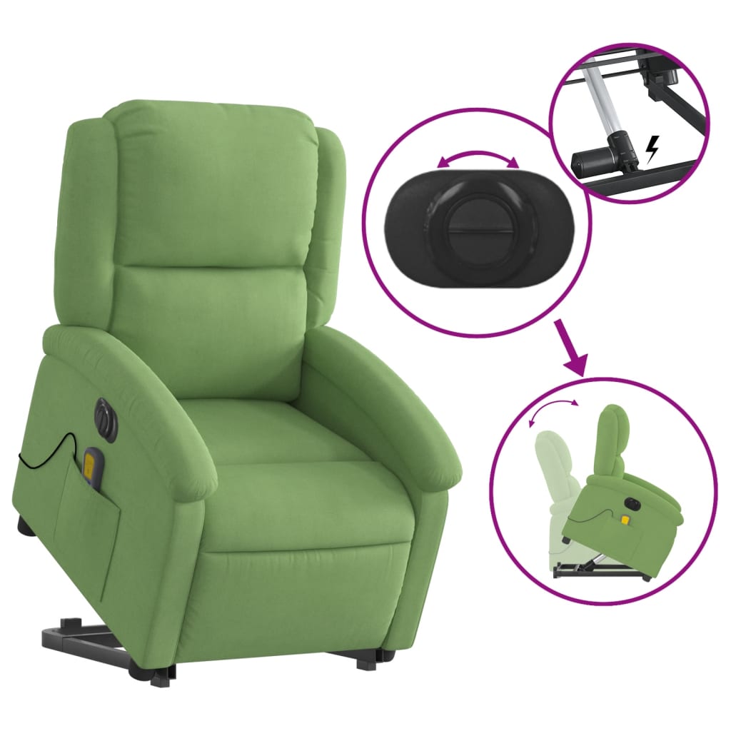 elektromos felállást segítő világoszöld bársony masszázsfotel