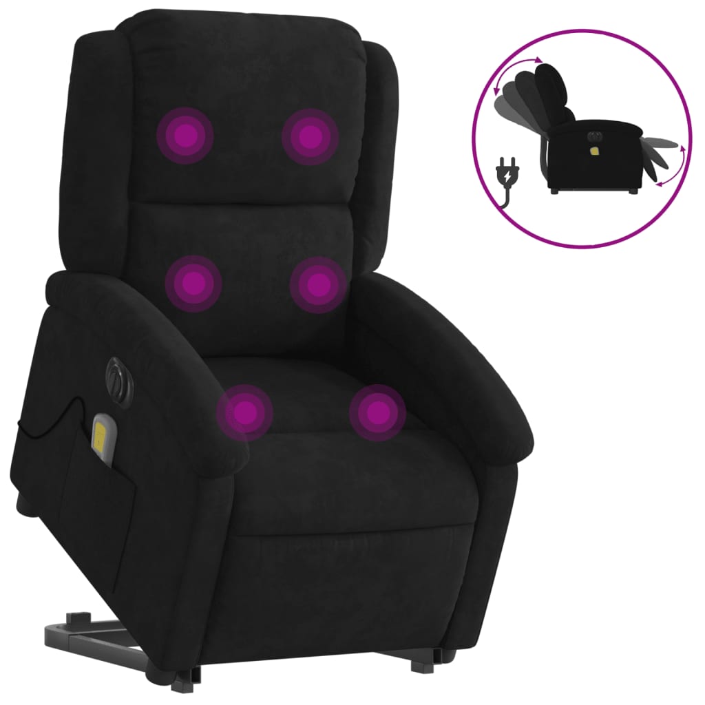 elektromos felállást segítő fekete bársony masszázsfotel