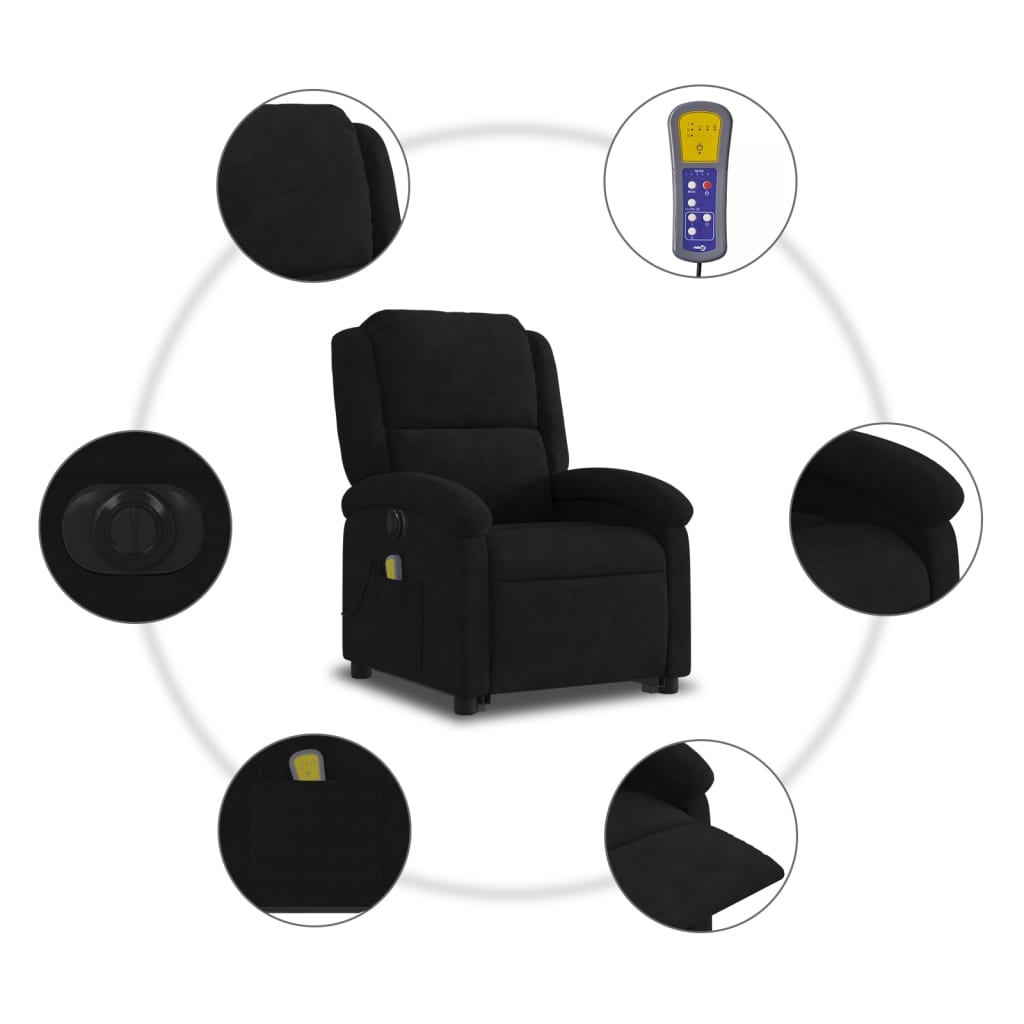elektromos felállást segítő fekete bársony masszázsfotel