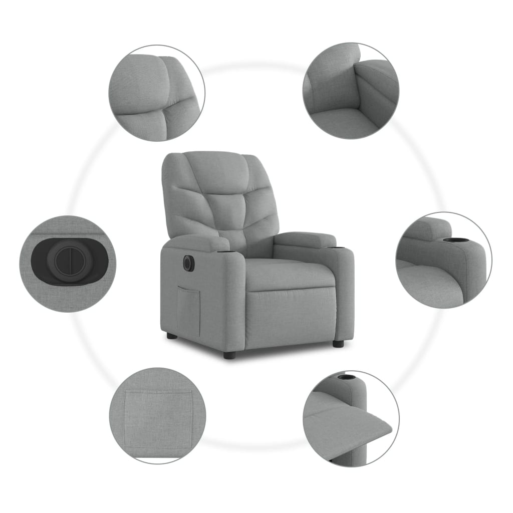 elektromos felállást segítő világosszürke szövet dönthető fotel