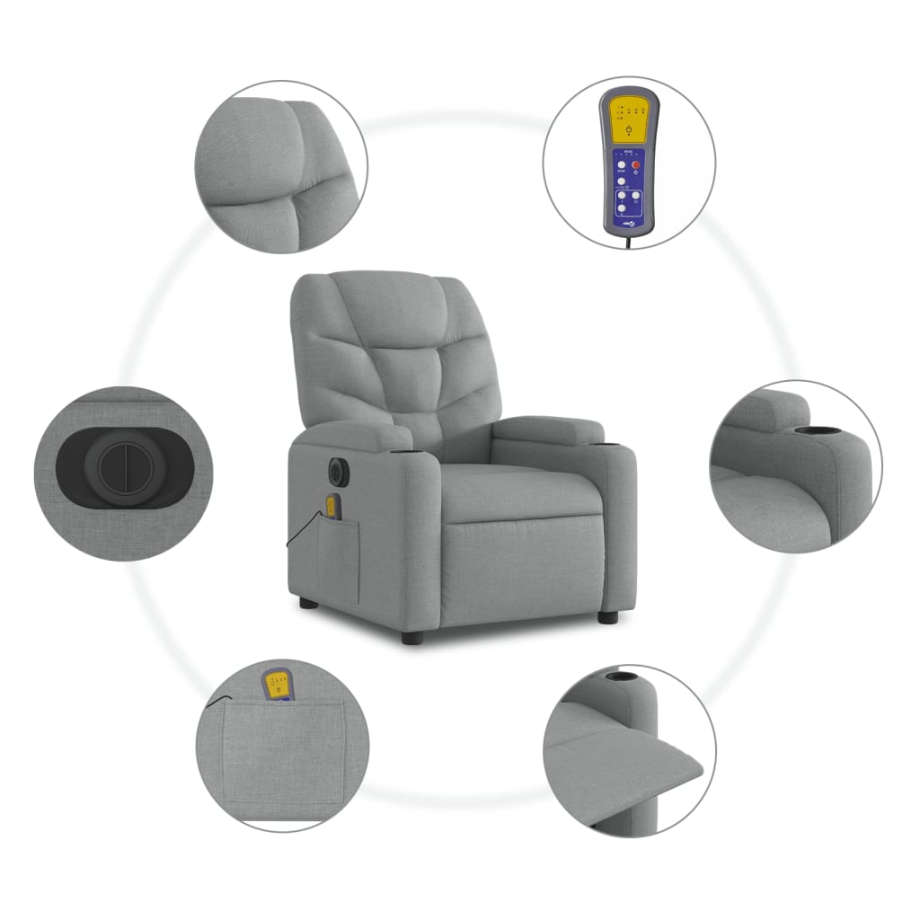 világosszürke szövet dönthető elektromos álló masszázsfotel