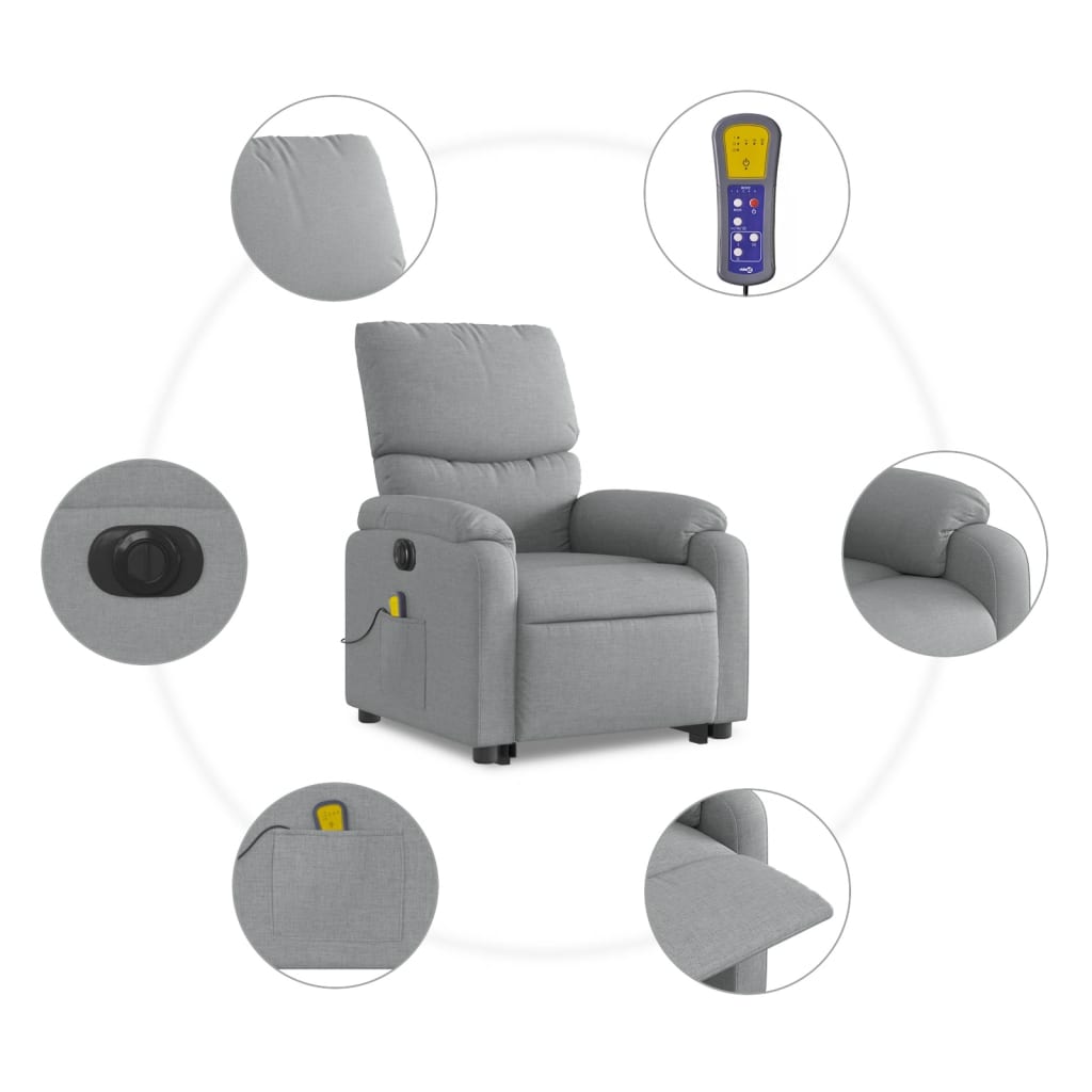 világosszürke szövet dönthető elektromos álló masszázsfotel