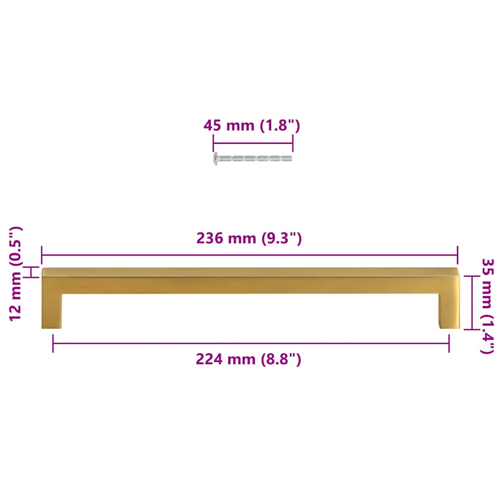 5 db aranyszínű rozsdamentes acél szekrényfogantyú 224 mm