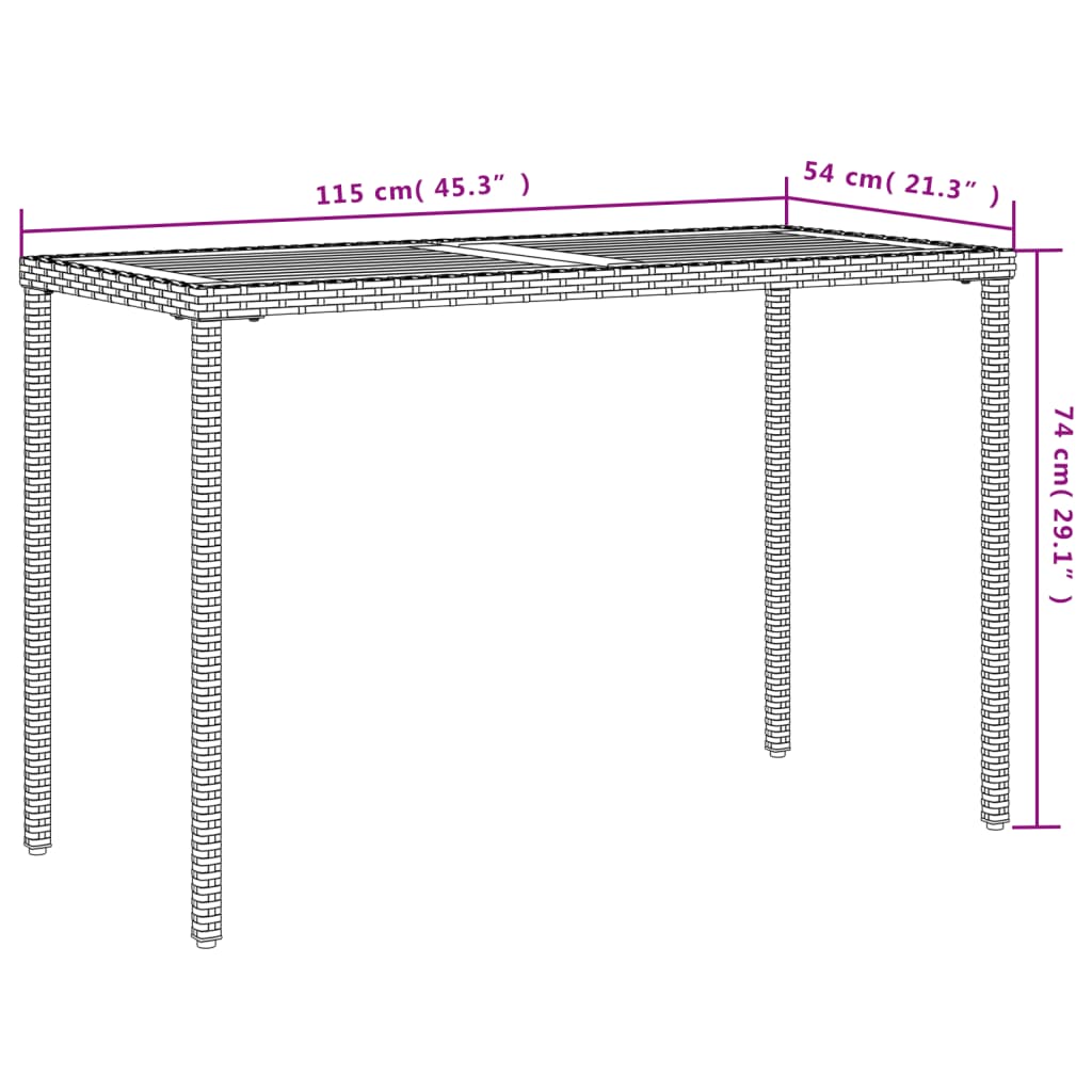 bézs polyrattan akácfa lapos kerti asztal 115x54x74 cm