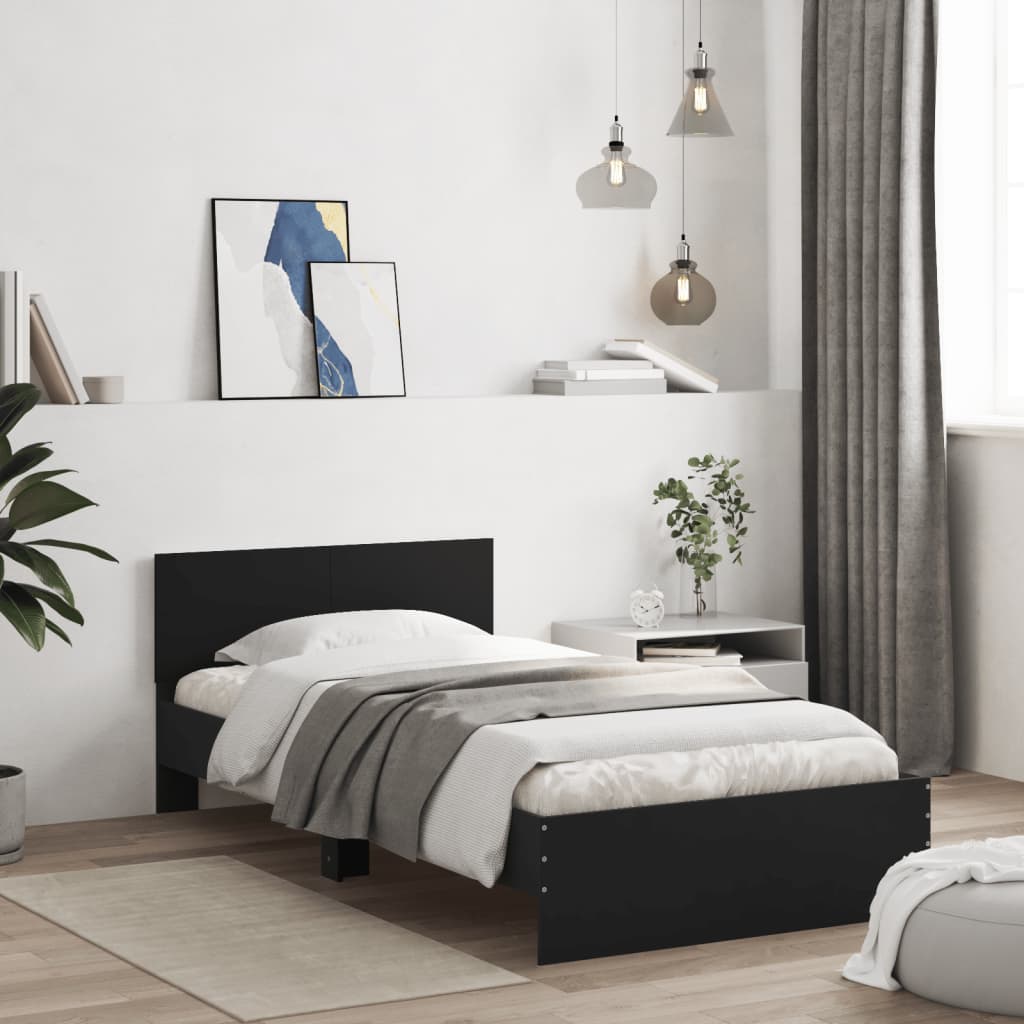 fekete szerelt fa ágykeret fejtámlával 100 x 200 cm