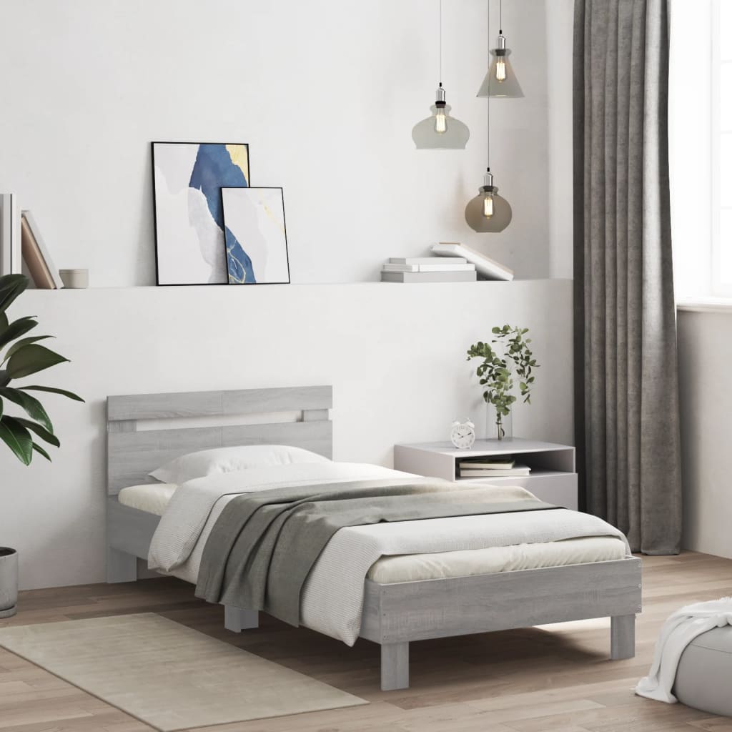szürke sonoma ágykeret fejtámlával és LED-ekkel 100 x 200 cm