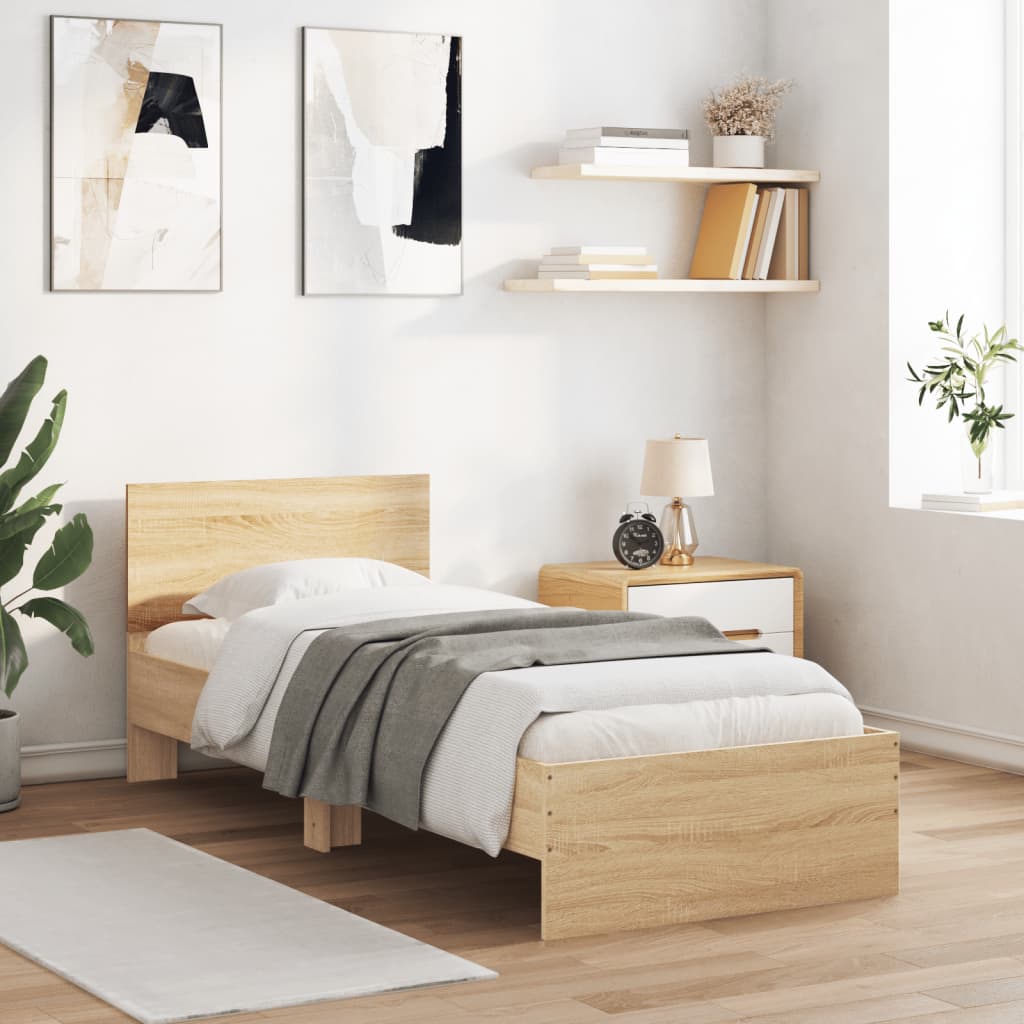 sonoma tölgy színű ágykeret fejtámlával és LED-ekkel 90x200 cm