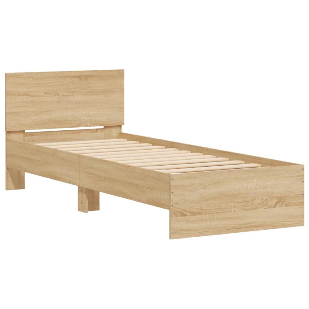 sonoma tölgy színű ágykeret fejtámlával és LED-ekkel 75x190 cm